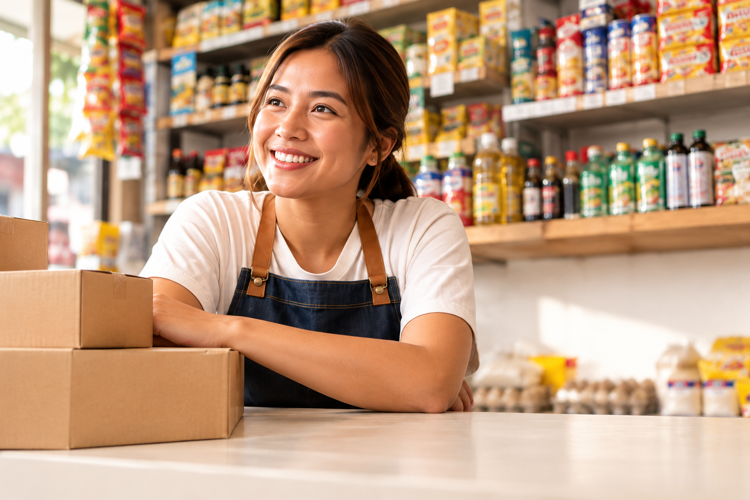 A smiling neighborhood store owner at her sari-sari store counter