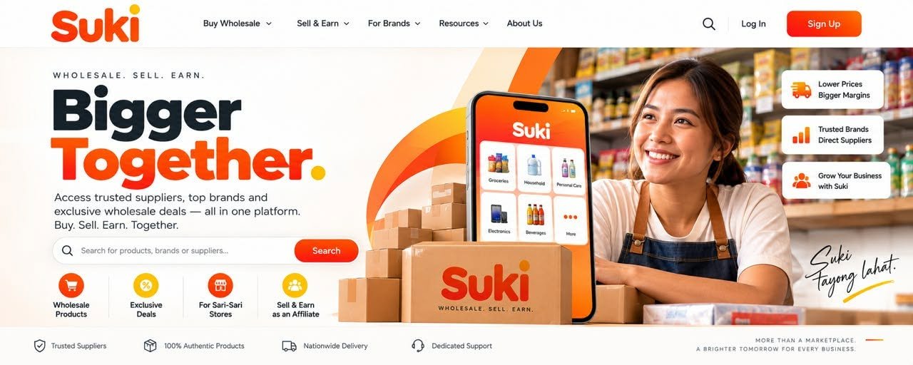 A smiling neighborhood store owner with Suki wholesale packages and a mobile storefront